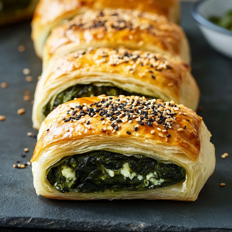 A row of pastries with black seeds on them.