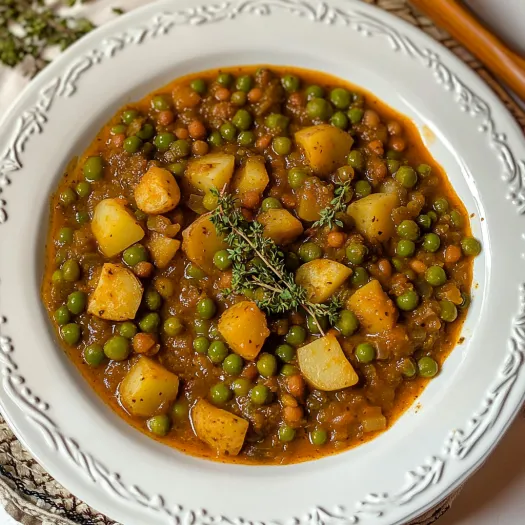 A bowl of soup with peas and potatoes.