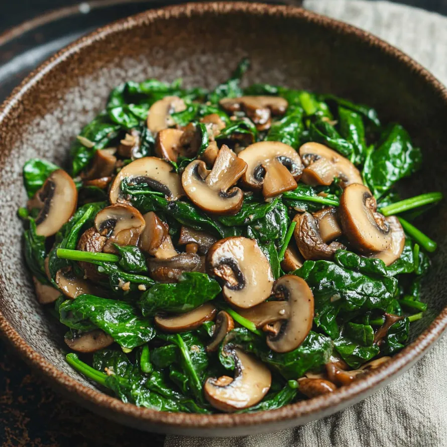 A bowl of mushrooms and spinach.