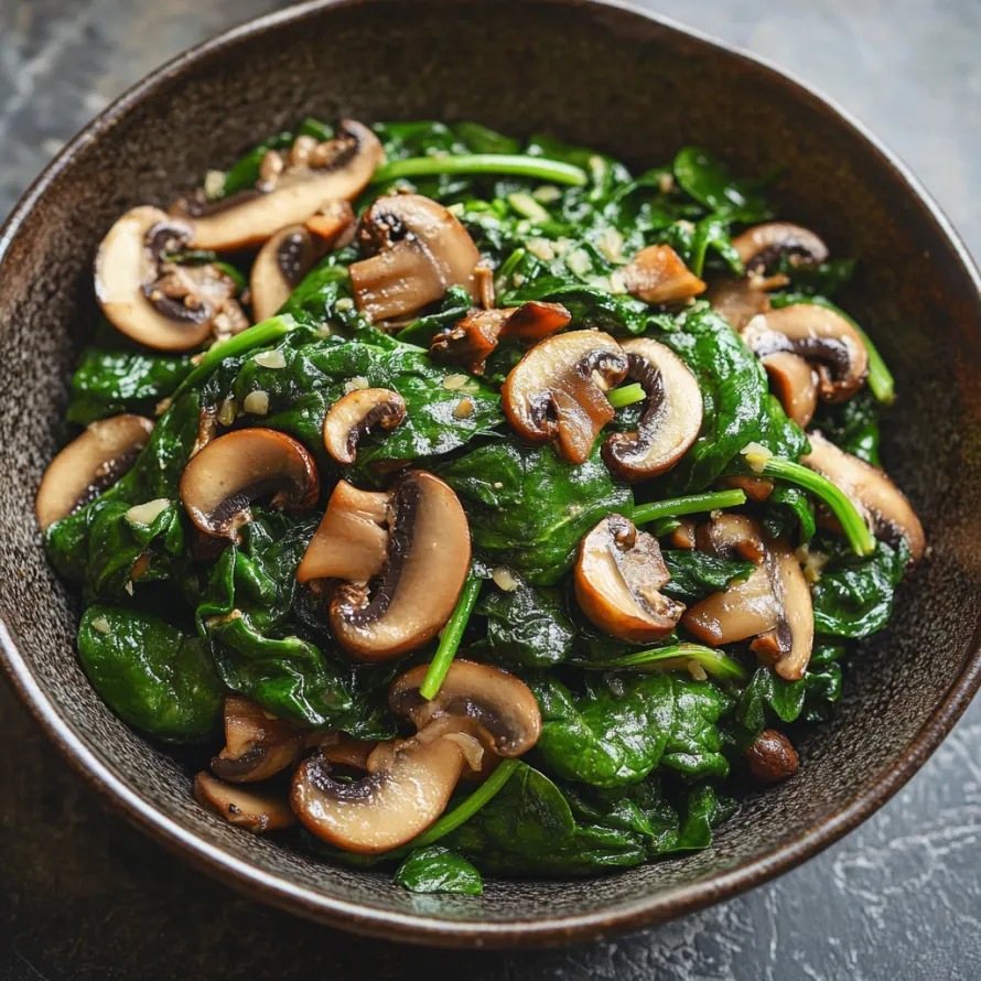 A bowl of mushrooms and spinach.