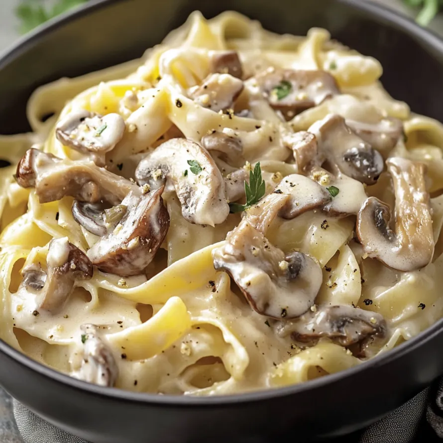A bowl of pasta with mushrooms and cheese.