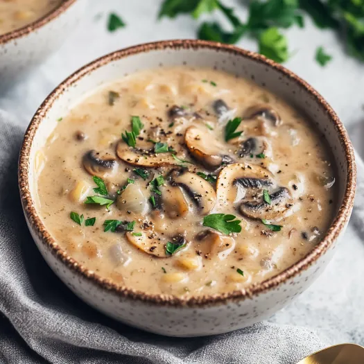 A bowl of soup with mushrooms and herbs.