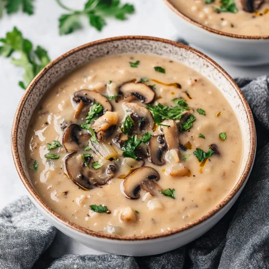 A bowl of soup with mushrooms and herbs.