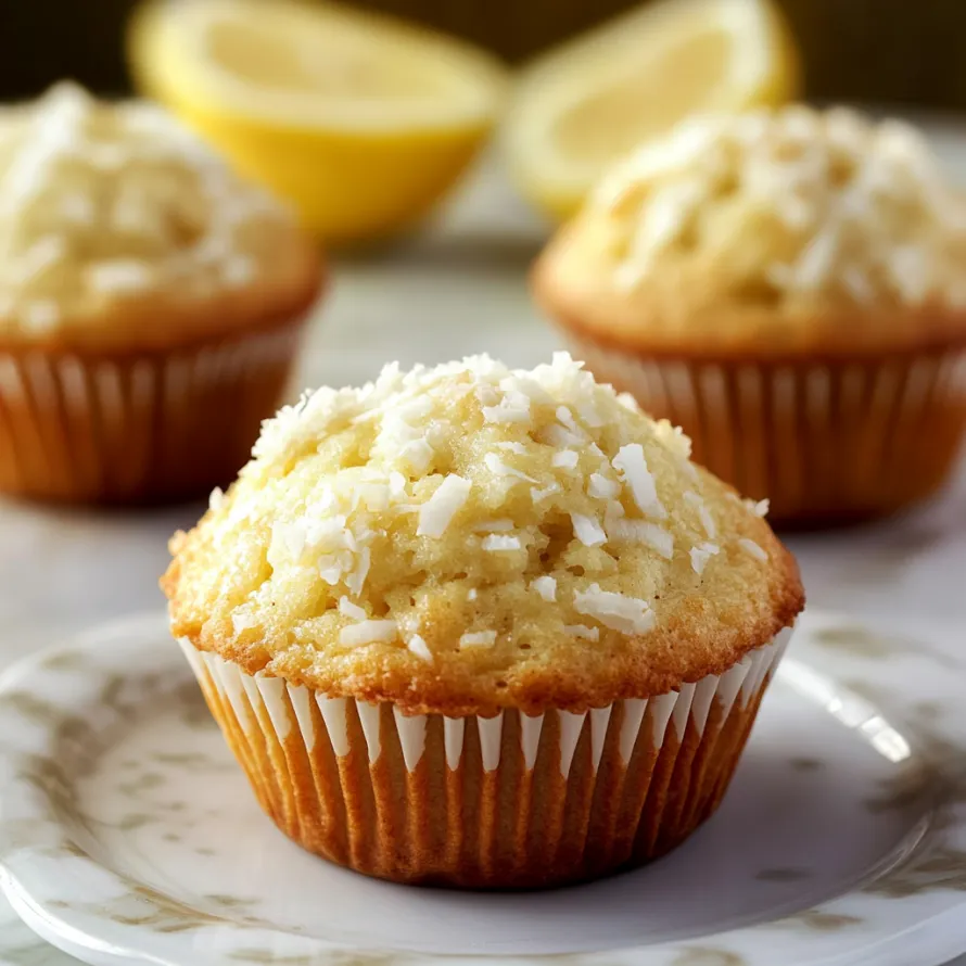 Three muffins with coconut on a plate.