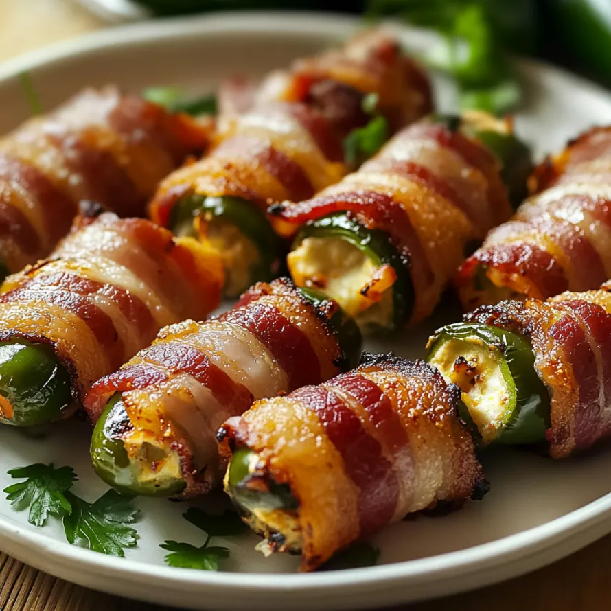Bacon wrapped peppers on a plate.