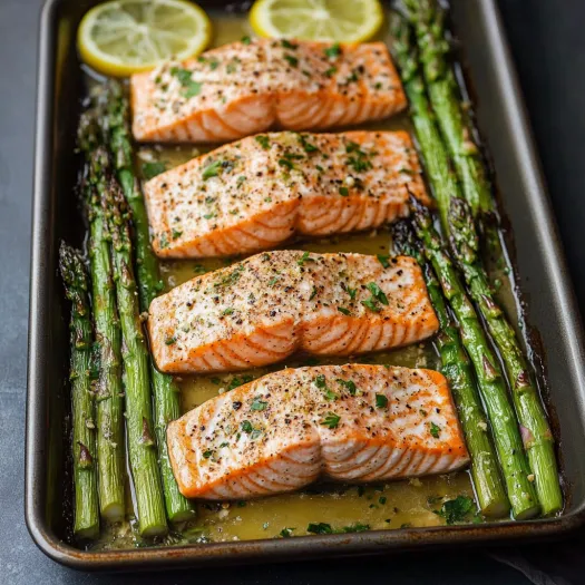 A pan of fish with lemon slices on top.