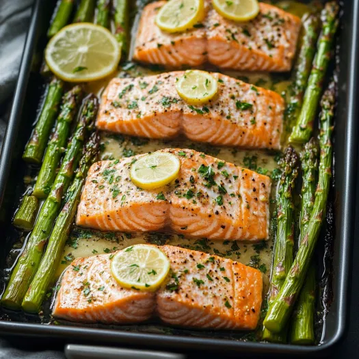 A pan of fish with lemon slices on top.