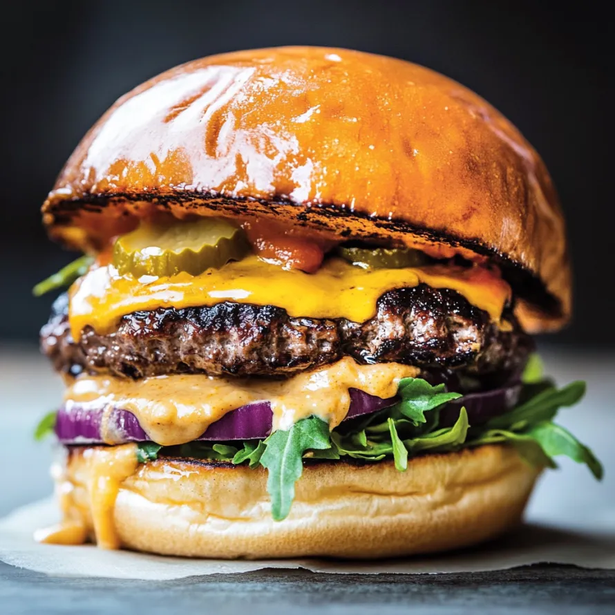A close up of a burger with lettuce and cheese.