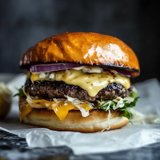 A burger with cheese and lettuce.