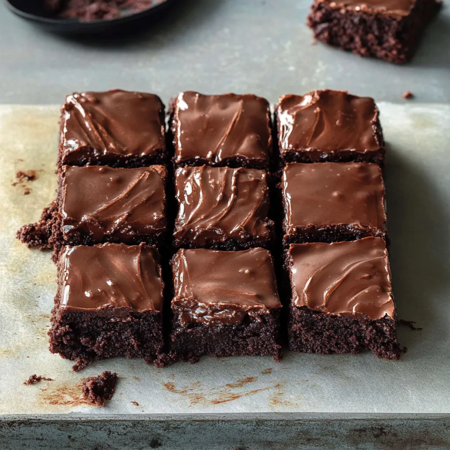 A square of chocolate cake on a counter.