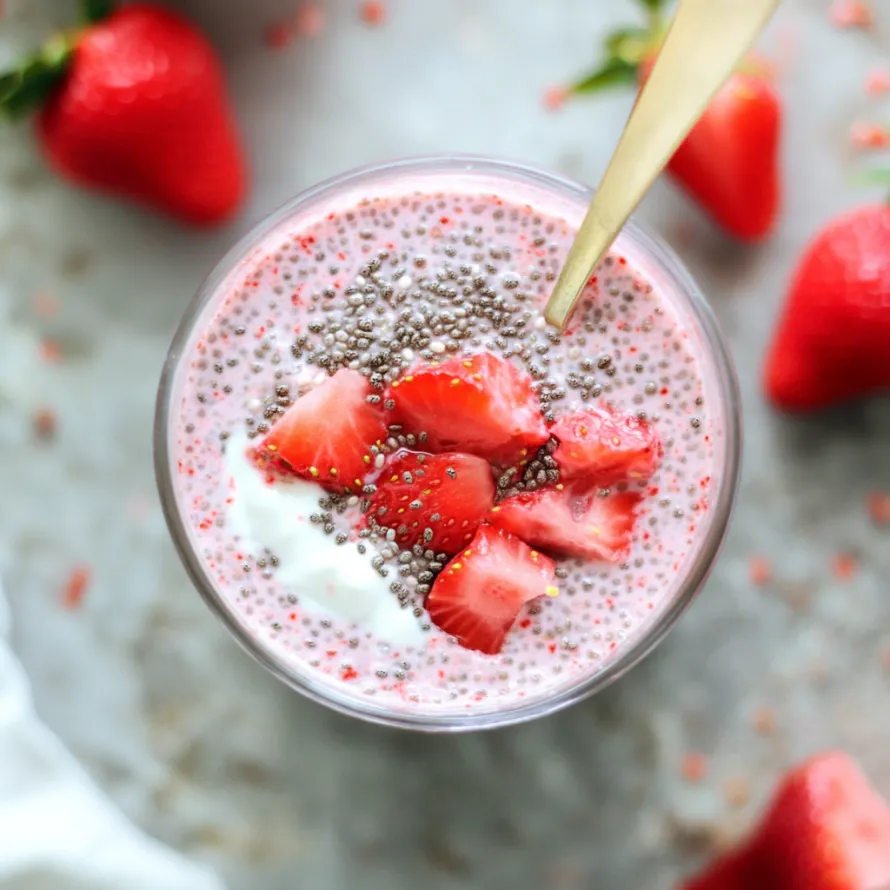 A glass of strawberry yogurt with a spoon in it.