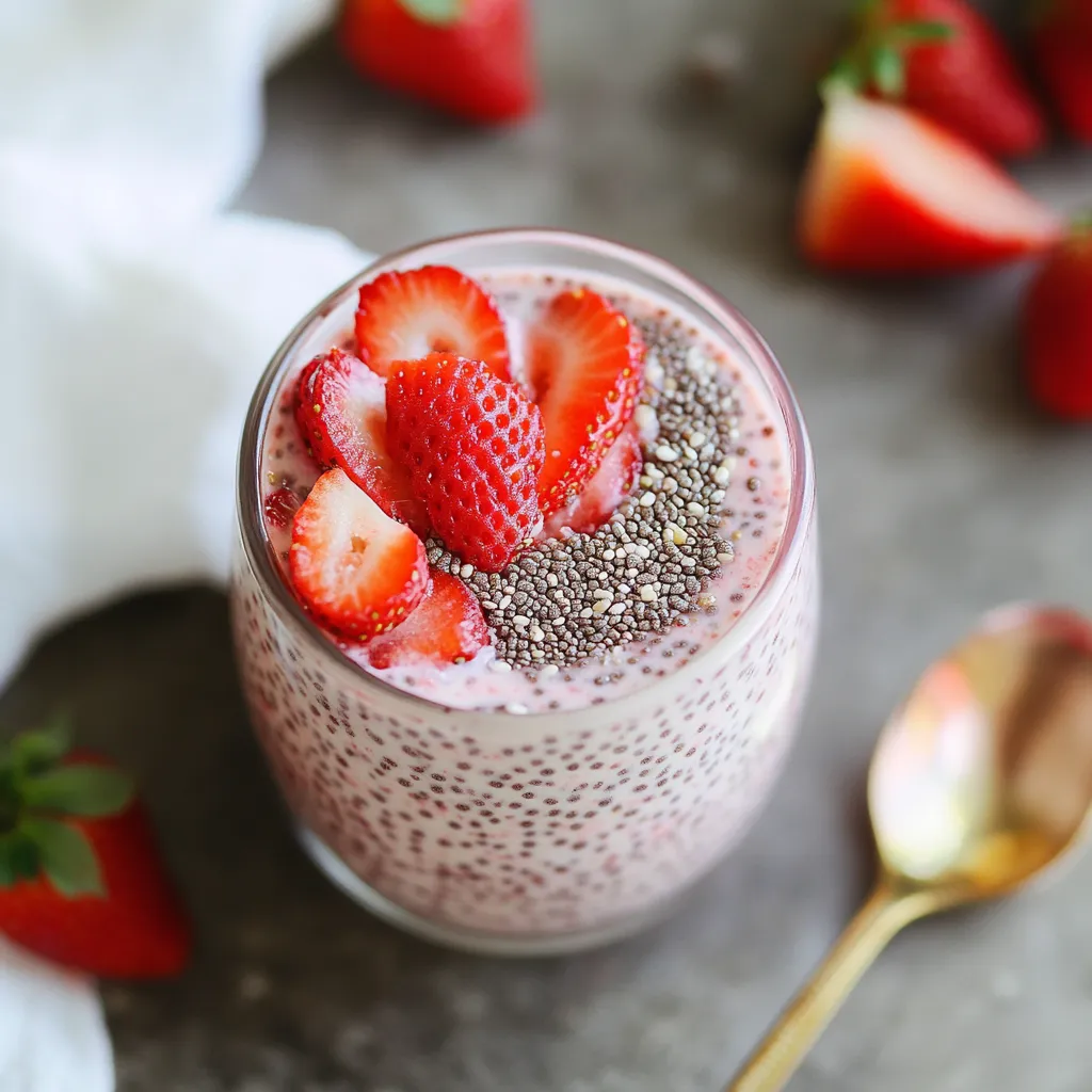 A glass of strawberry yogurt topped with crunchy granola.