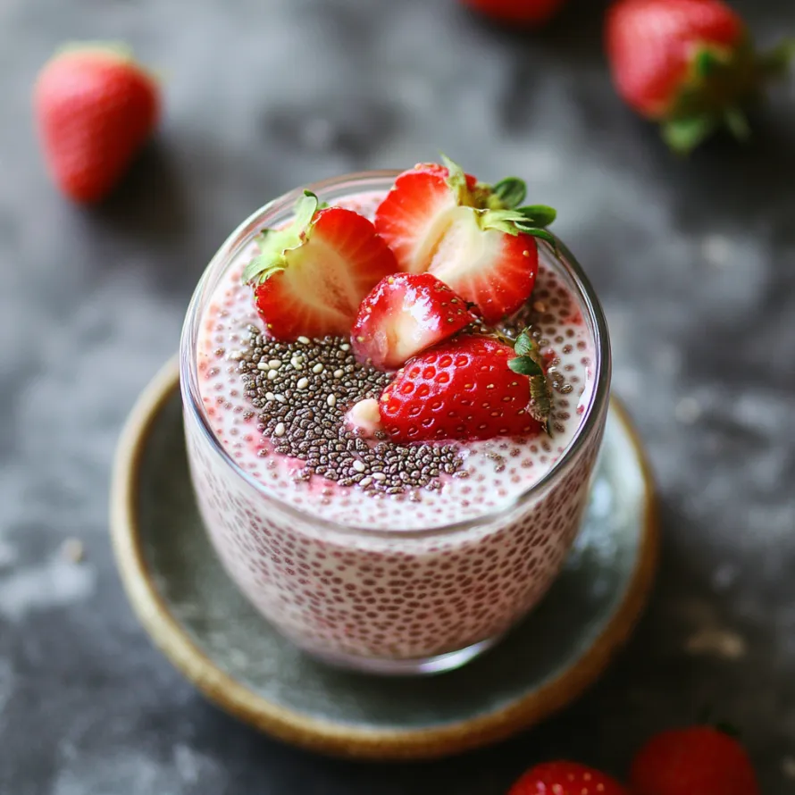 A glass of pink strawberry yogurt garnished with fresh strawberries.