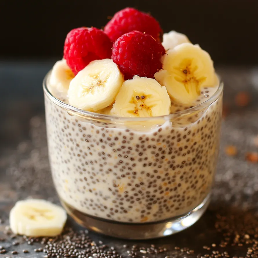 A glass of yogurt with bananas and raspberries.