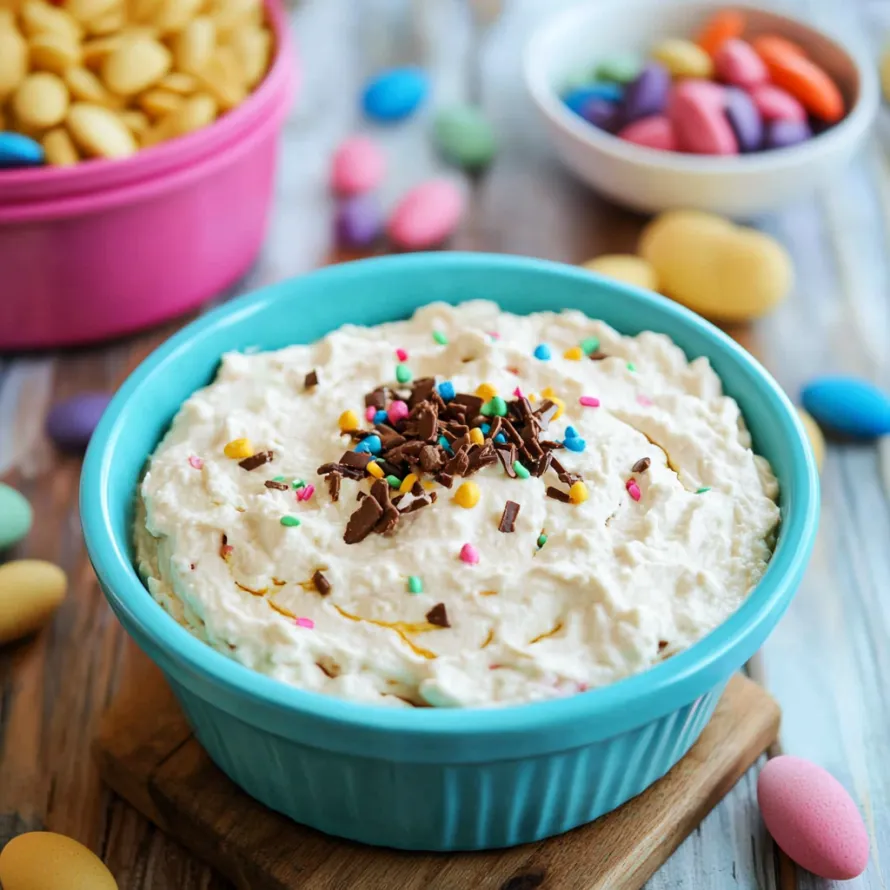 A bowl of cake with chocolate chips and sprinkles.