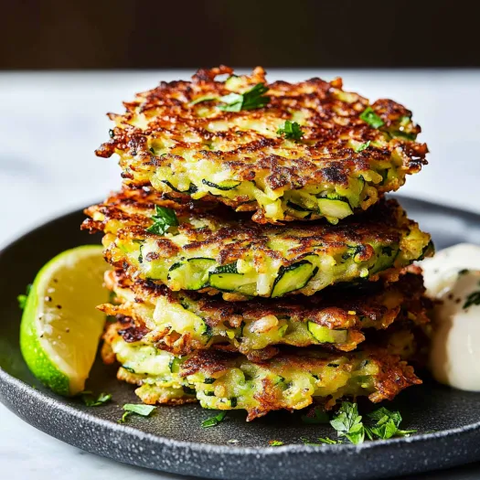 A stack of three pancakes with green vegetables.