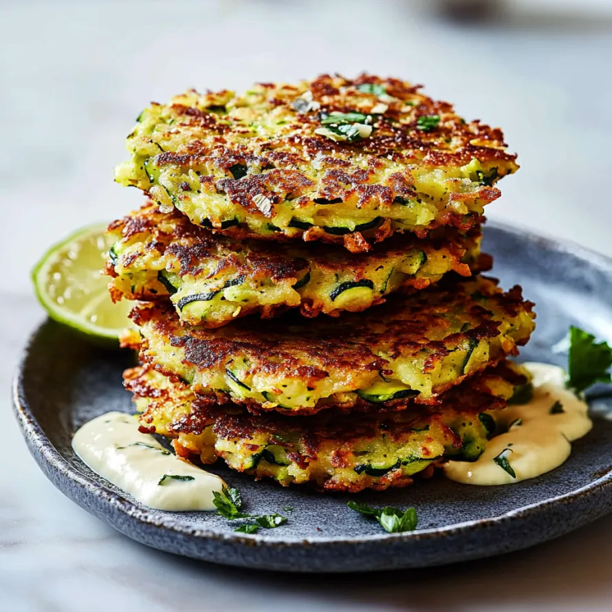 A stack of zucchini pancakes with a dollop of sour cream on top.