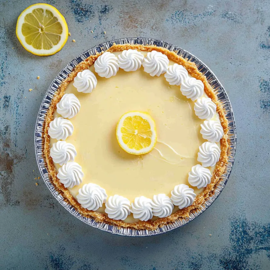A pie with a lemon wedge on top.