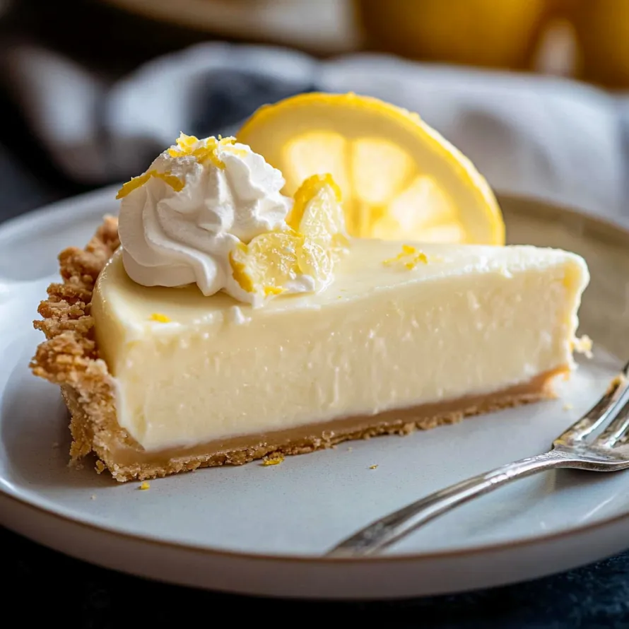 A slice of lemon cheesecake with whipped cream on top.