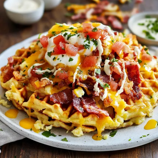 A plate of food with a waffle on top.
