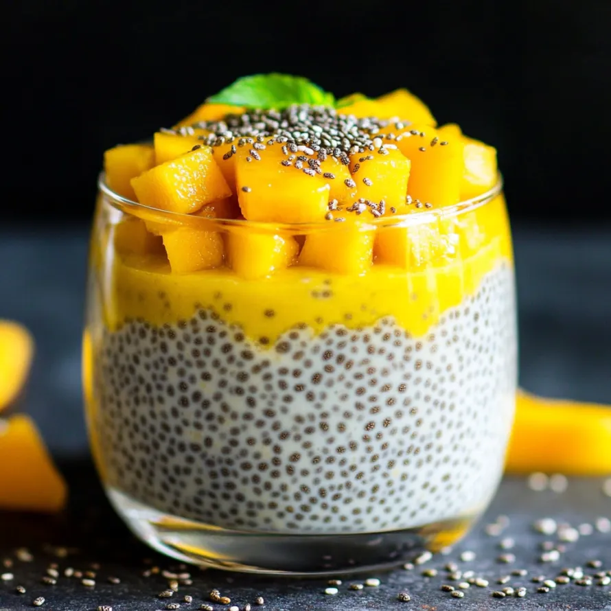 A glass of yogurt with chia seeds and fruit.