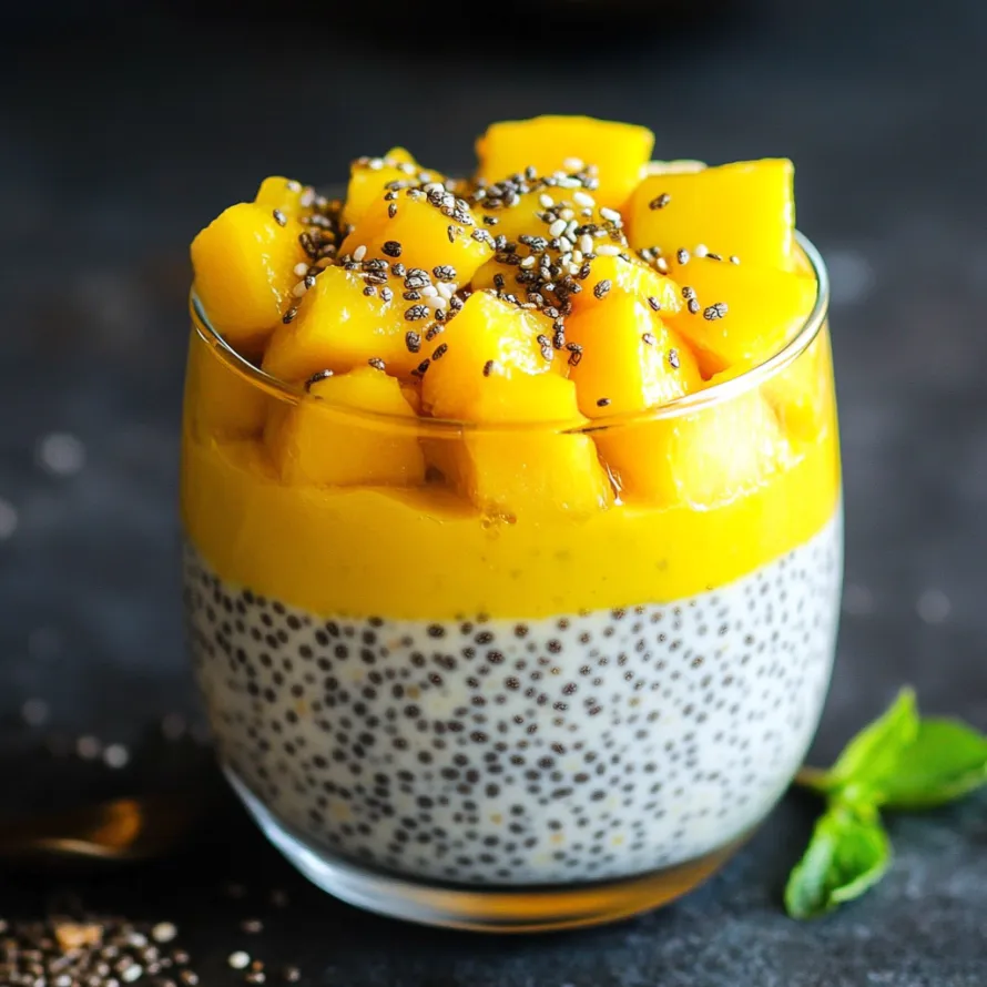 A glass of yogurt with granola and mango.