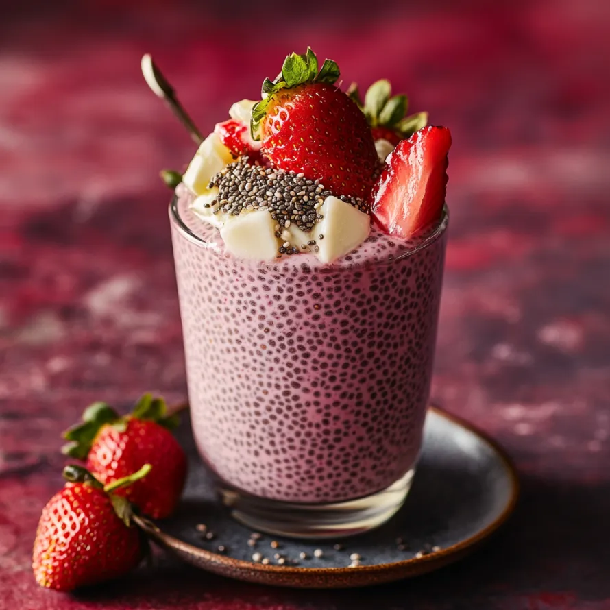 A glass of strawberry yogurt with strawberries on the side.