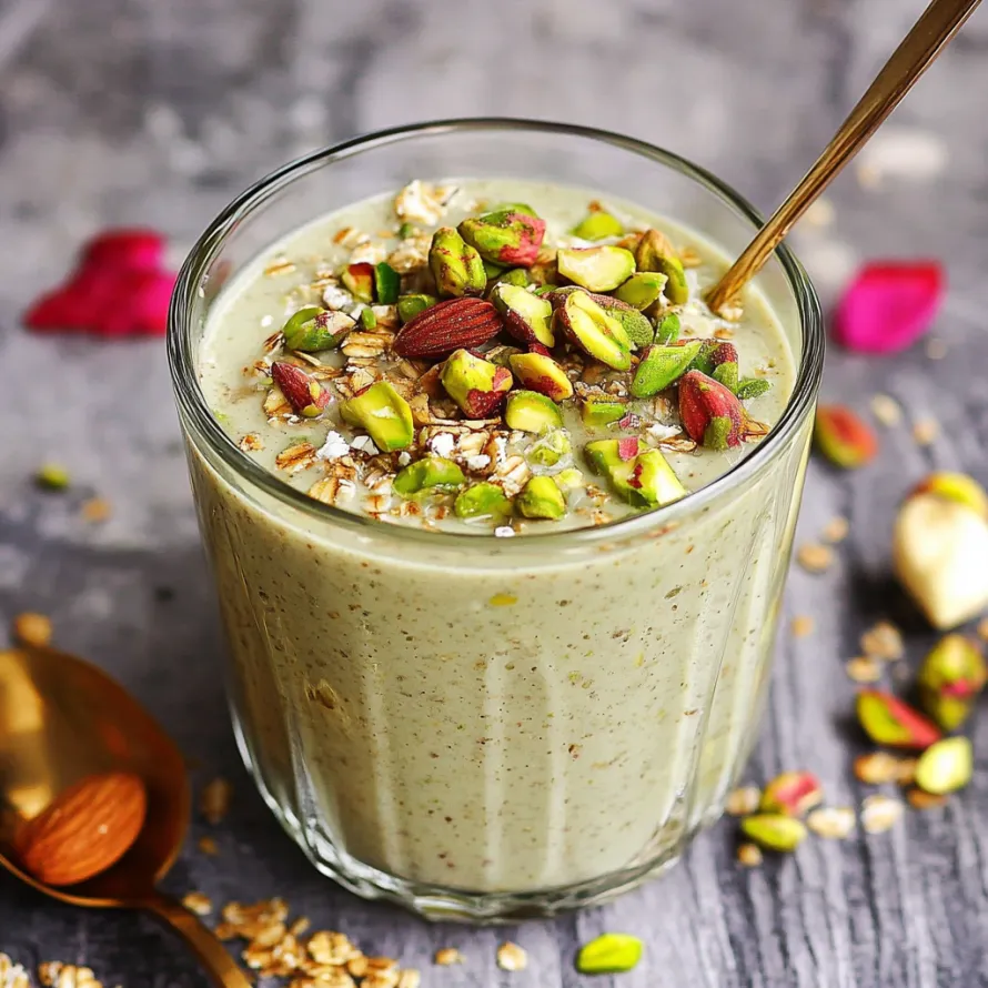A glass of green smoothie with nuts and seeds on top.