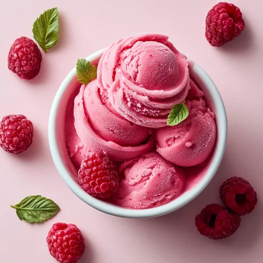 A bowl of pink ice cream with raspberries.