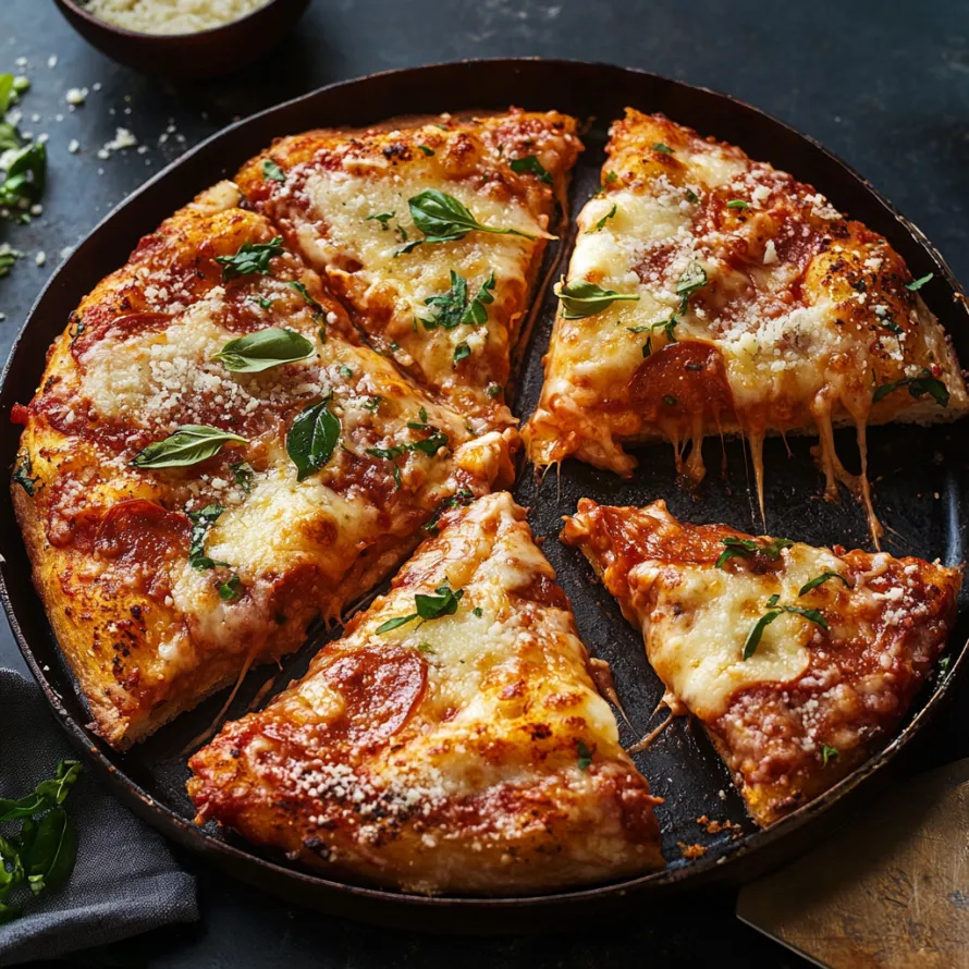 A pizza with cheese and basil on a pan.