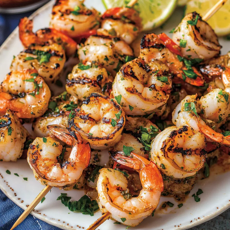 Shrimp skewers with lime wedges.