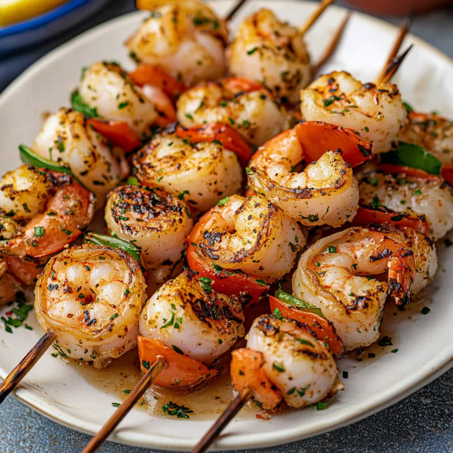 A plate of shrimp skewers with tomatoes and herbs.