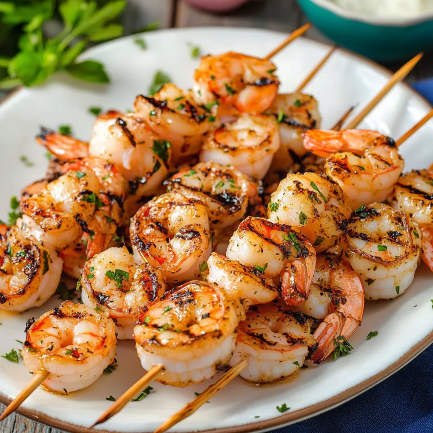 A plate of shrimp skewers.