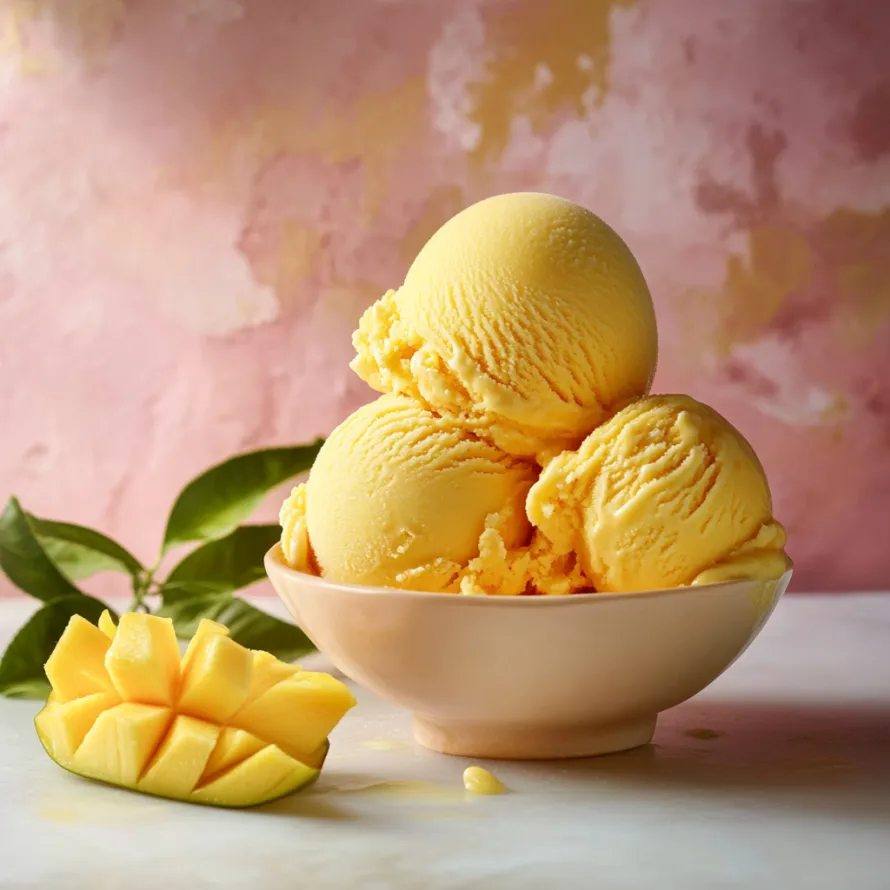 A bowl of ice cream with a mango on top.