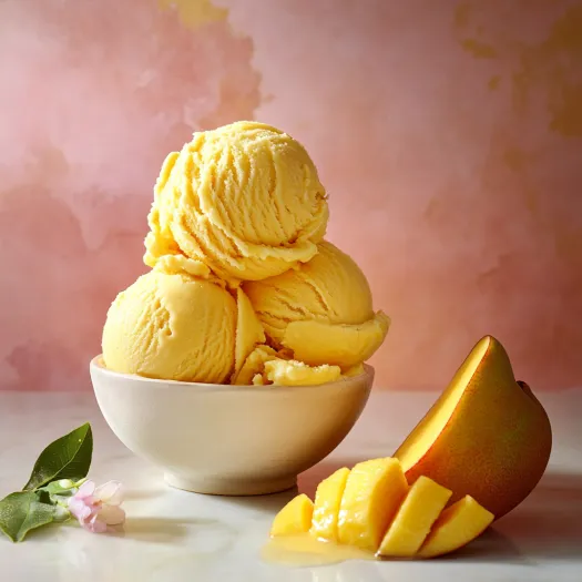 A bowl of ice cream with a peeled orange slice on top.