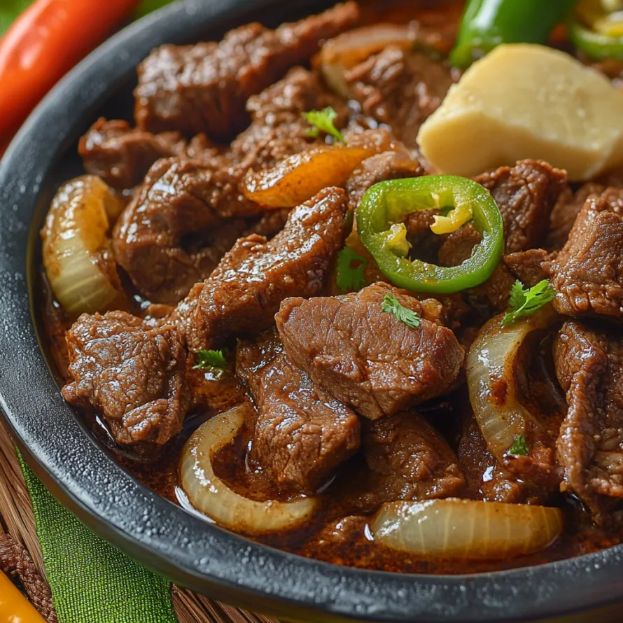 A bowl of meat with peppers and onions.
