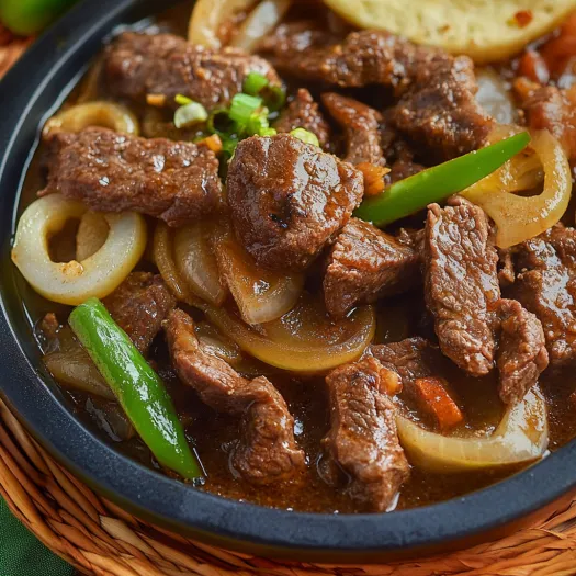 A bowl of beef stew with onions and peppers.