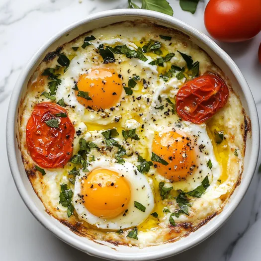 A bowl of food with eggs and tomatoes.