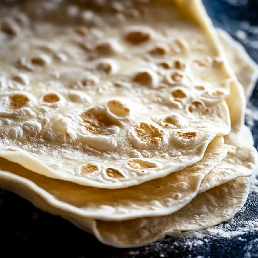 Homemade tortillas piled up on wooden surface.