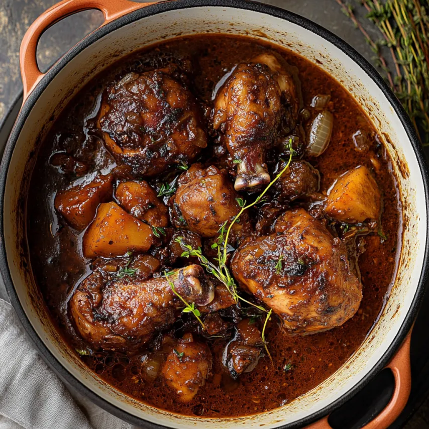 A pot of chicken and vegetables.
