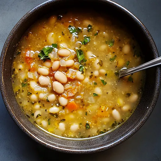 A bowl of soup with beans and carrots.