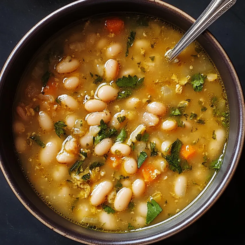 A bowl of soup with beans and carrots.