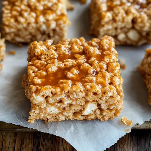A square of cereal with a yellow sauce on top.