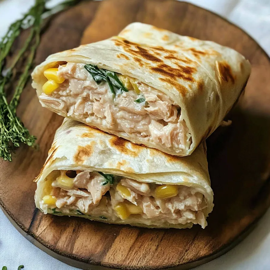 Two wraps with chicken and corn on a wooden table.