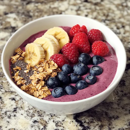 A bowl of fruit with bananas, raspberries, blueberries, and a bowl of granola.