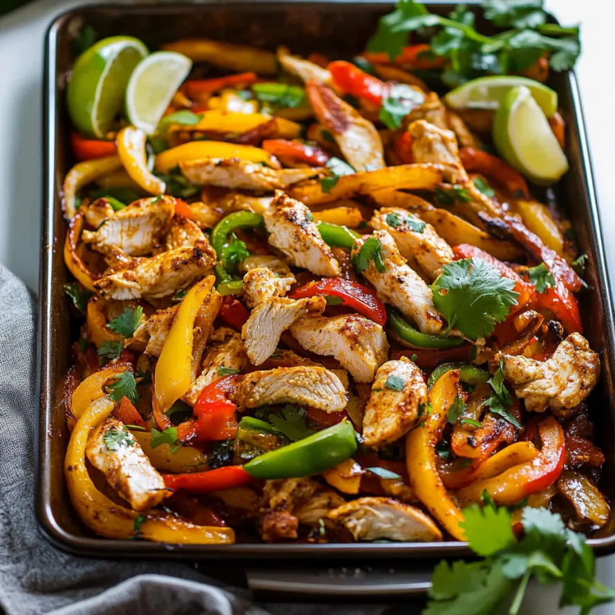 A pan of food with chicken, peppers, and limes.