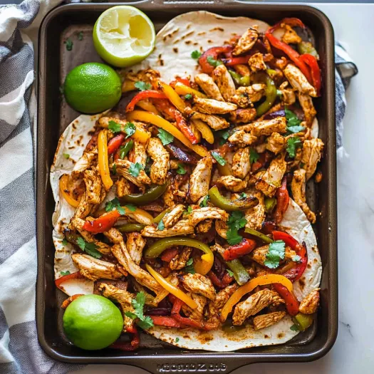 A pan of chicken with peppers and limes.