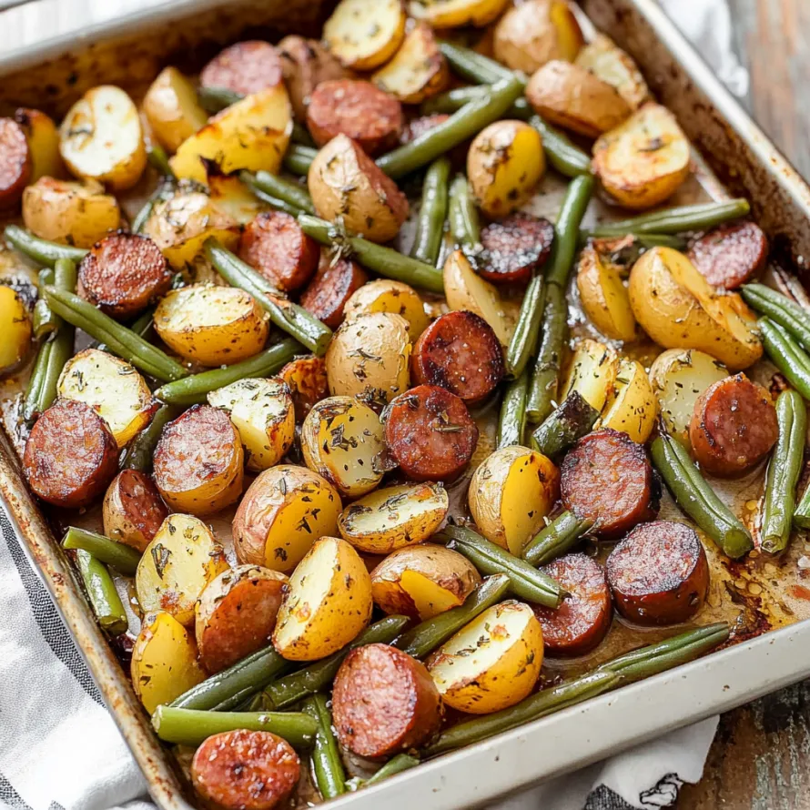 A pan of food with potatoes, green beans, and sausage.