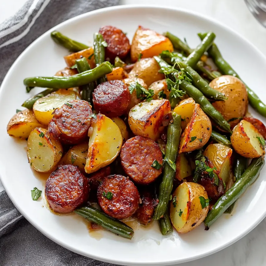 A plate of sausage and green beans.