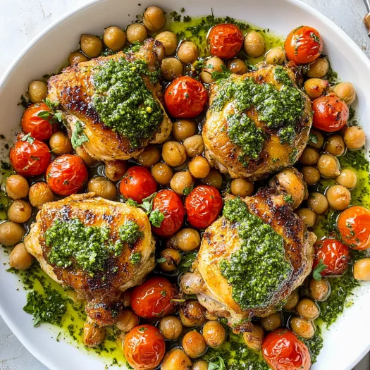 A plate of chicken with tomatoes and green sauce.